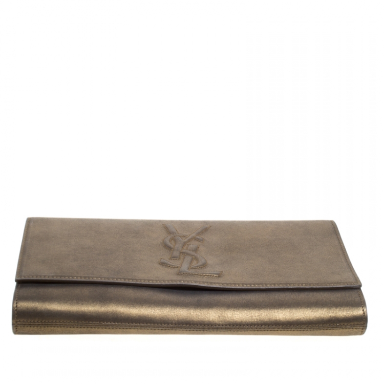 Pre Owned Saint Laurent Metallic Olive Green Leather Belle De Jour Flap Clutch