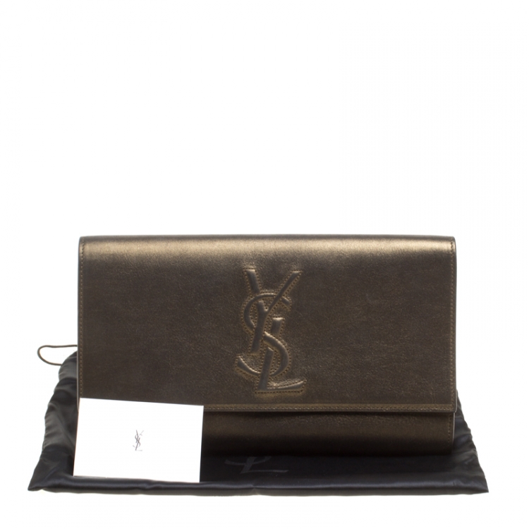 Pre Owned Saint Laurent Metallic Olive Green Leather Belle De Jour Flap Clutch