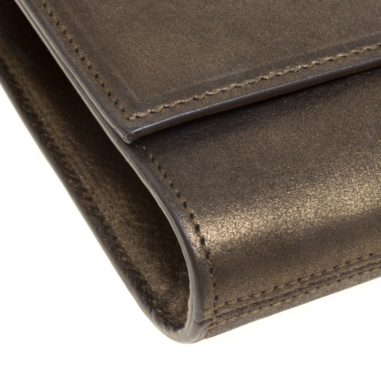 Pre Owned Saint Laurent Metallic Olive Green Leather Belle De Jour Flap Clutch