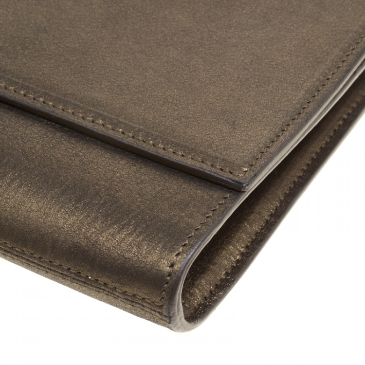 Pre Owned Saint Laurent Metallic Olive Green Leather Belle De Jour Flap Clutch