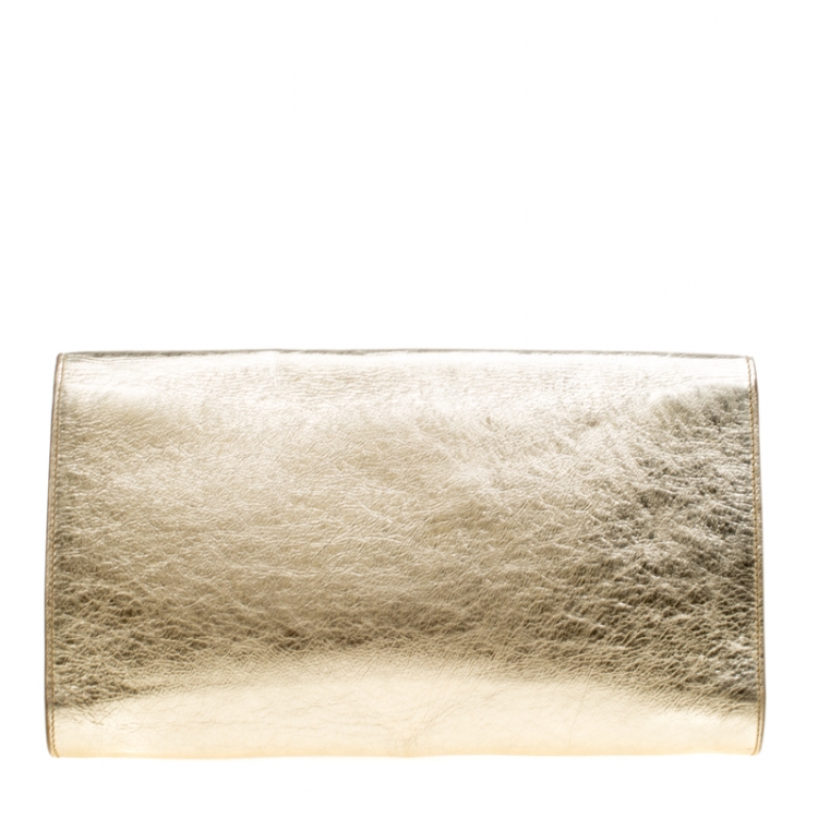 Pre Owned Saint Laurent Metallic Gold Patent Leather Belle De Jour Flap Clutch