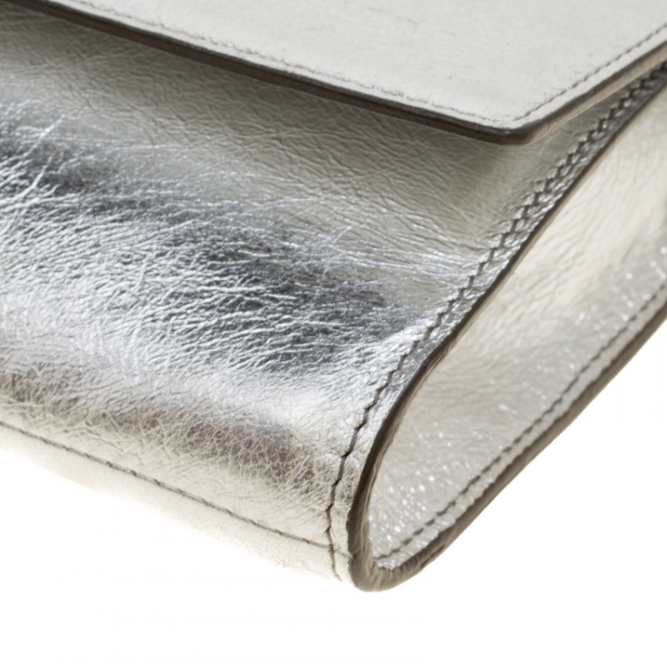 Pre Owned Saint Laurent Metallic Silver Belle De Jour Flap Clutch