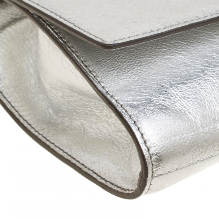 Pre Owned Saint Laurent Metallic Silver Belle De Jour Flap Clutch