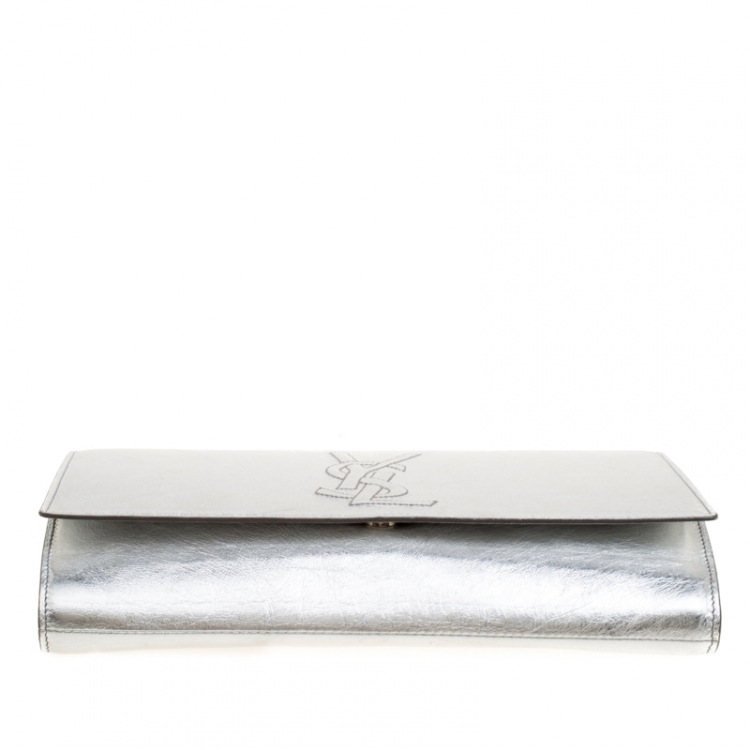 Pre Owned Saint Laurent Metallic Silver Belle De Jour Flap Clutch