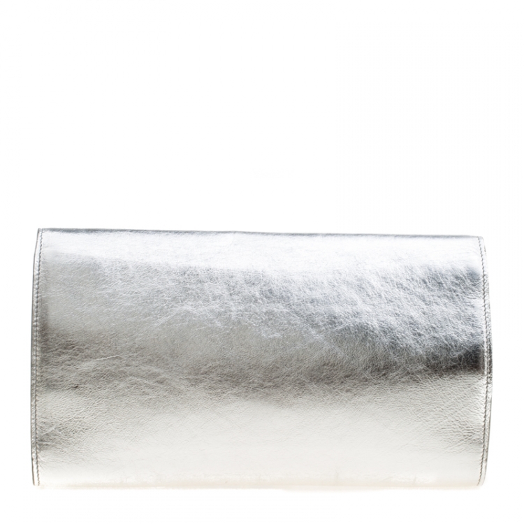 Pre Owned Saint Laurent Metallic Silver Belle De Jour Flap Clutch