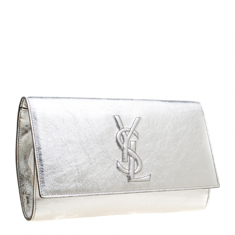Pre Owned Saint Laurent Metallic Silver Belle De Jour Flap Clutch