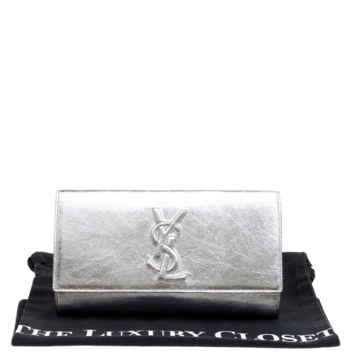 Pre Owned Saint Laurent Metallic Silver Belle De Jour Flap Clutch