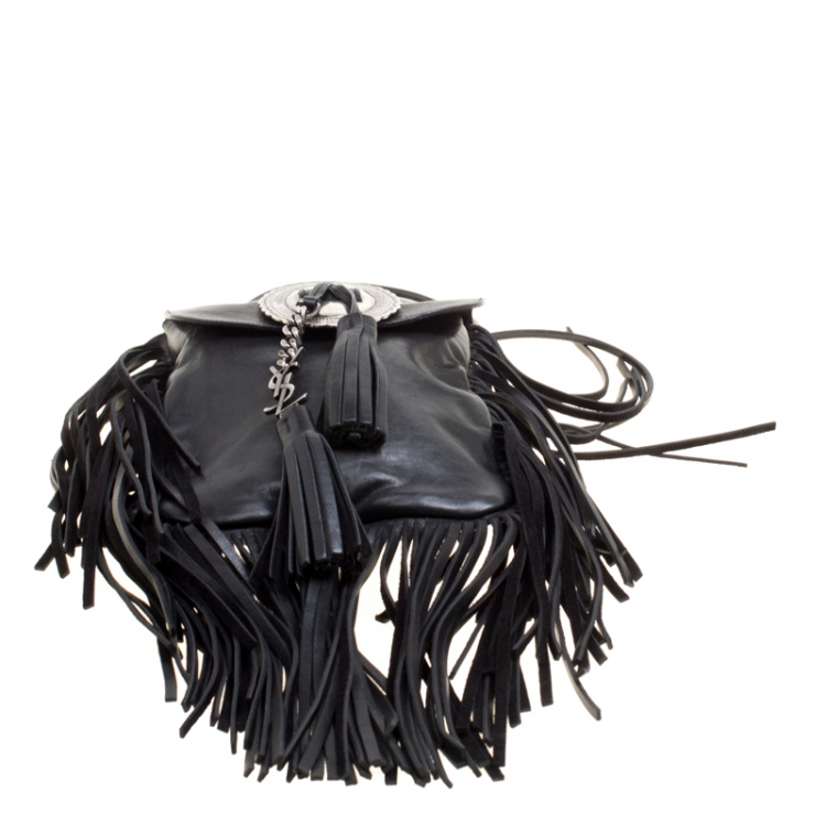 Pre Owned Saint Laurent Black Leather Fringed Anita Crossbody Bag