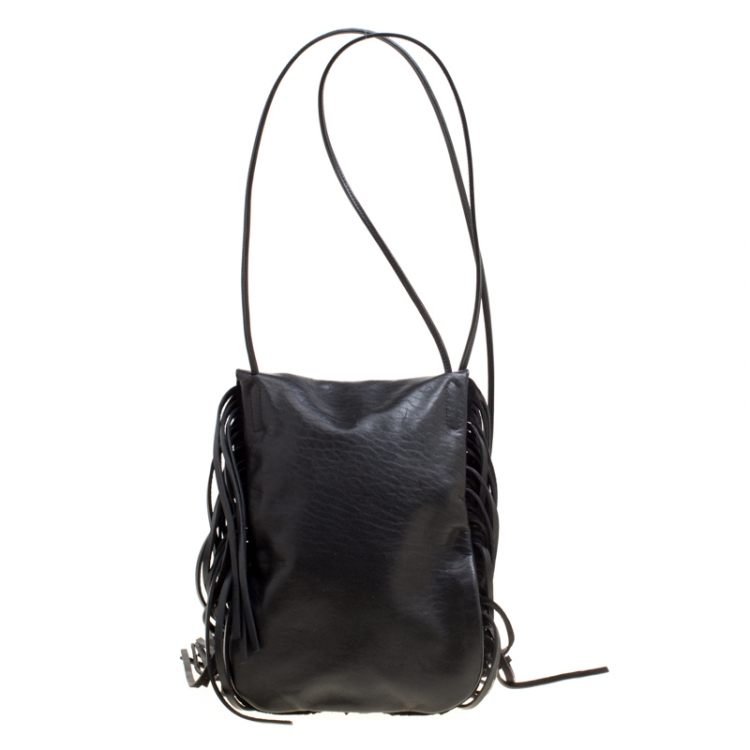 Pre Owned Saint Laurent Black Leather Fringed Anita Crossbody Bag