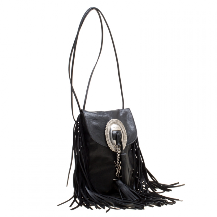 Pre Owned Saint Laurent Black Leather Fringed Anita Crossbody Bag