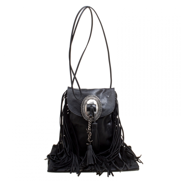 Pre Owned Saint Laurent Black Leather Fringed Anita Crossbody Bag