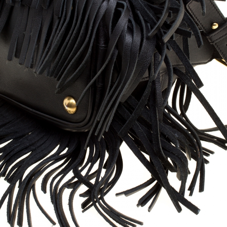 Pre Owned Saint Laurent Black Leather Small Emmanuelle Fringed Bucket Bag