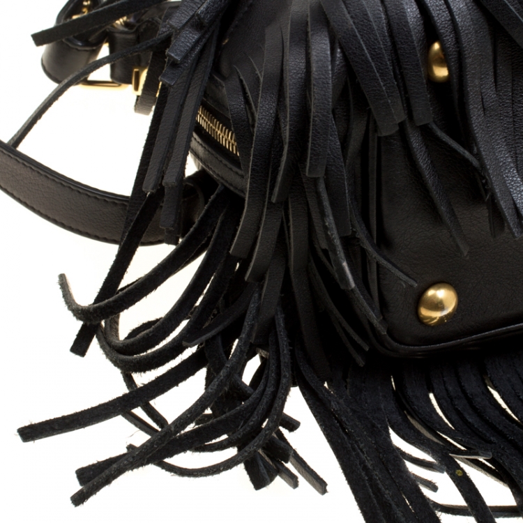 Pre Owned Saint Laurent Black Leather Small Emmanuelle Fringed Bucket Bag