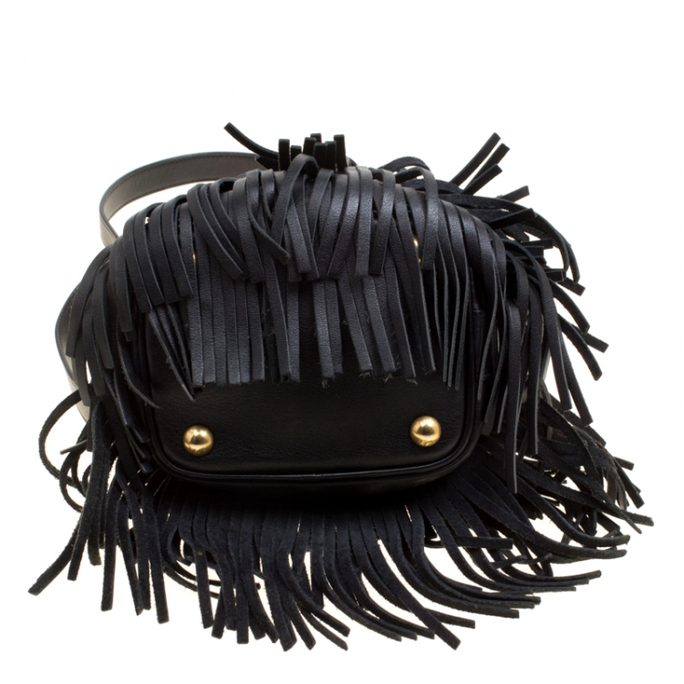Pre Owned Saint Laurent Black Leather Small Emmanuelle Fringed Bucket Bag