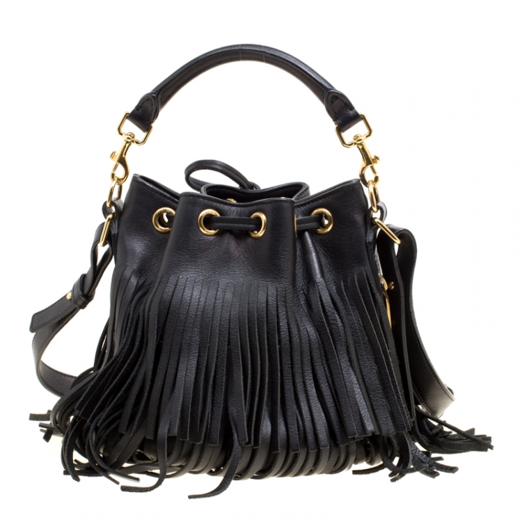Pre Owned Saint Laurent Black Leather Small Emmanuelle Fringed Bucket Bag