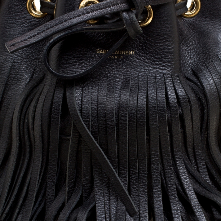 Pre Owned Saint Laurent Black Leather Small Emmanuelle Fringed Bucket Bag