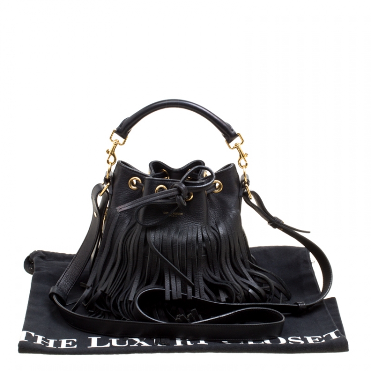 Pre Owned Saint Laurent Black Leather Small Emmanuelle Fringed Bucket Bag