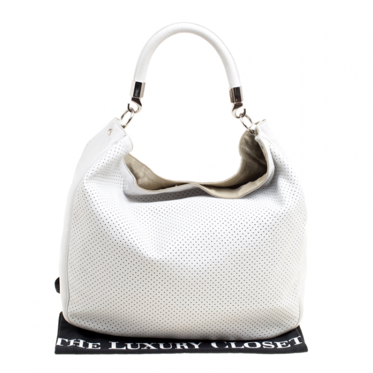 Pre Owned Saint Laurent White Perforated Leather Roady Hobo