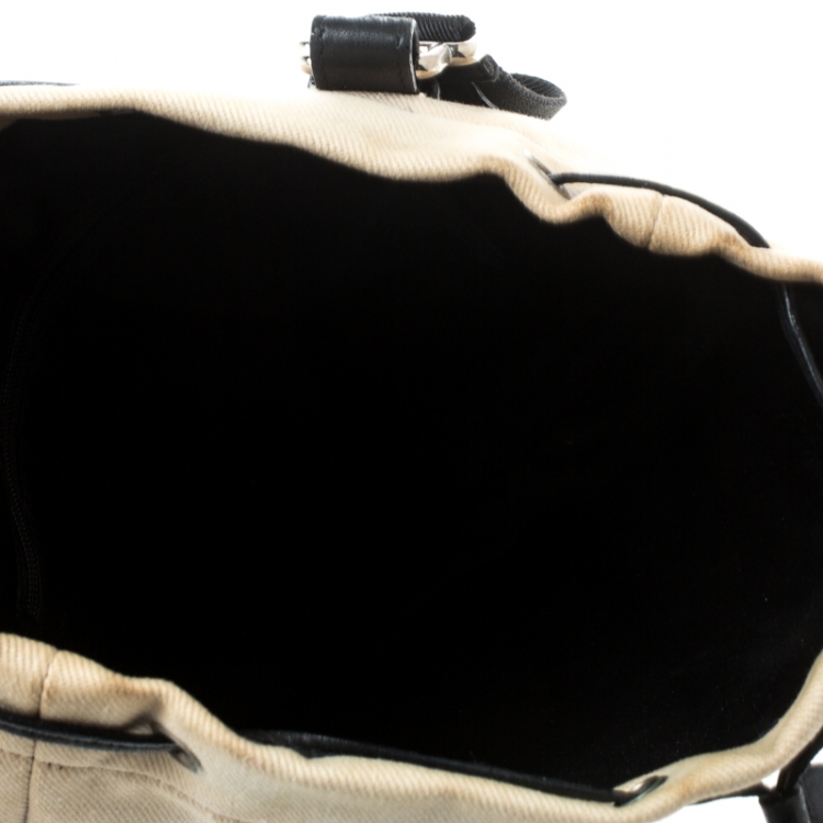 Pre Owned Saint Laurent Off White/Black Canvas Kahala Tote