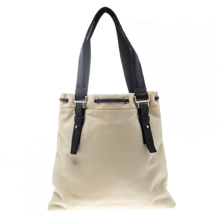 Pre Owned Saint Laurent Off White/Black Canvas Kahala Tote