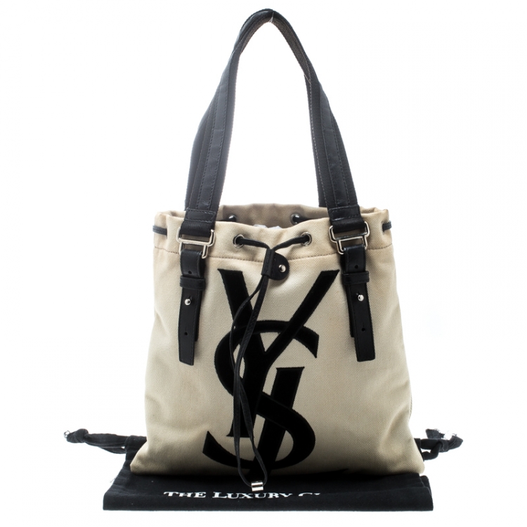 Pre Owned Saint Laurent Off White/Black Canvas Kahala Tote