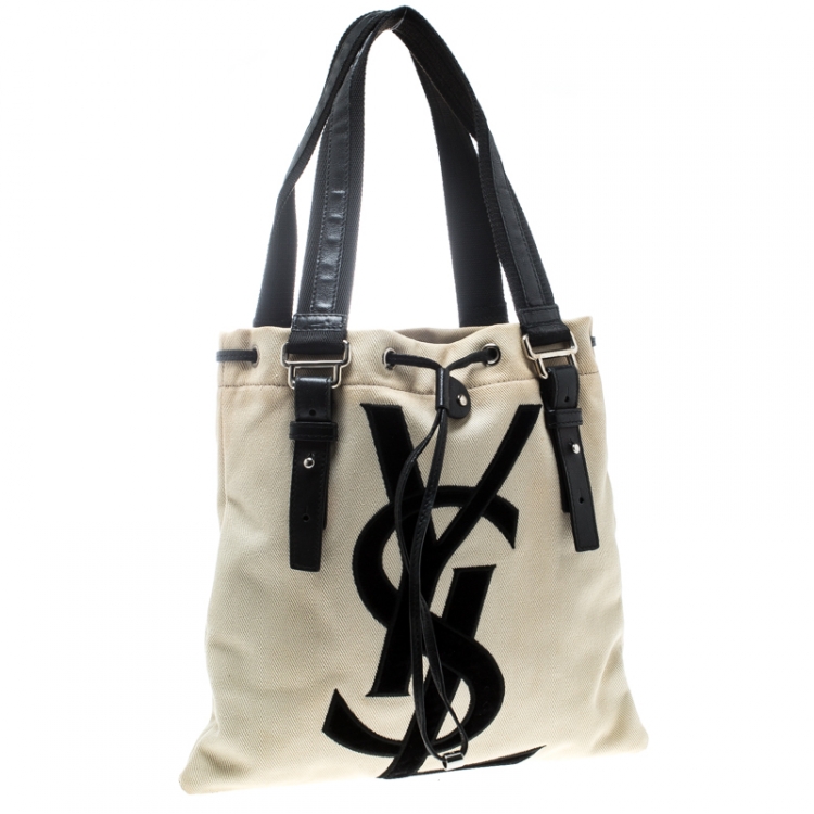 Pre Owned Saint Laurent Off White/Black Canvas Kahala Tote