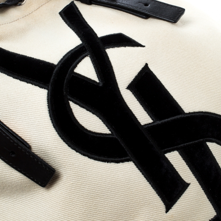 Pre Owned Saint Laurent Off White/Black Canvas Kahala Tote