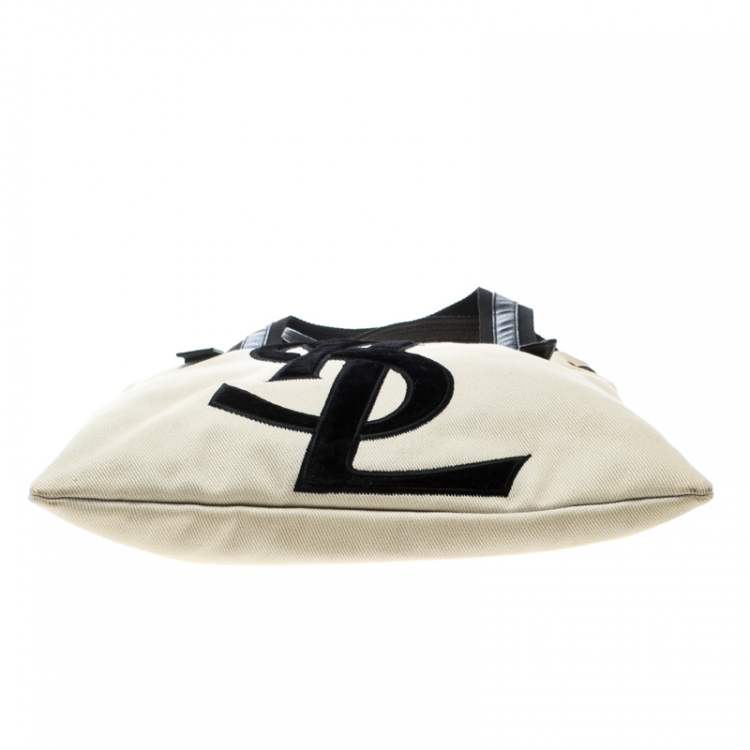 Pre Owned Saint Laurent Off White/Black Canvas Kahala Tote