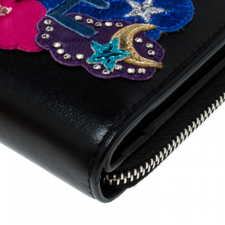 Pre Owned Saint Laurent Black Leather Love Patched Zip Wallet 