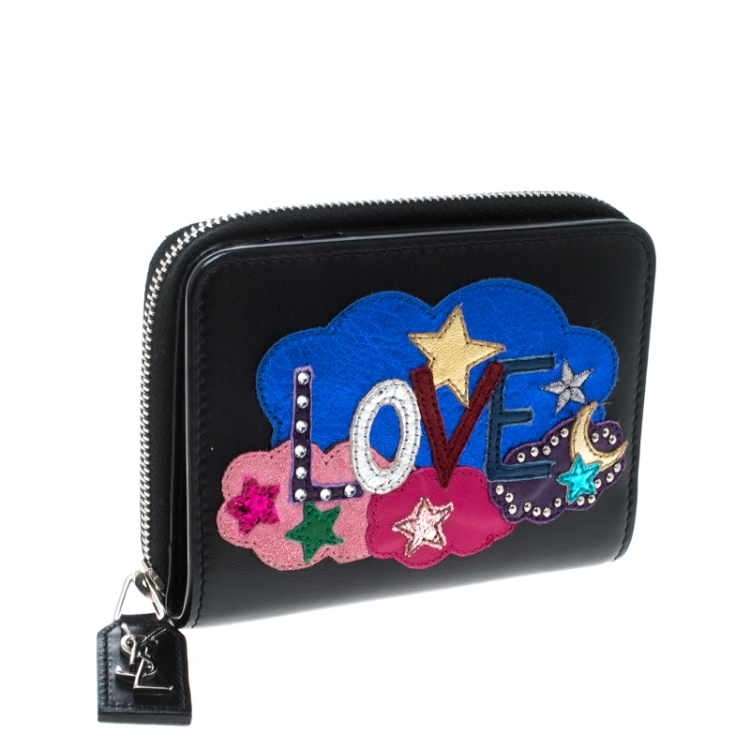 Pre Owned Saint Laurent Black Leather Love Patched Zip Wallet 