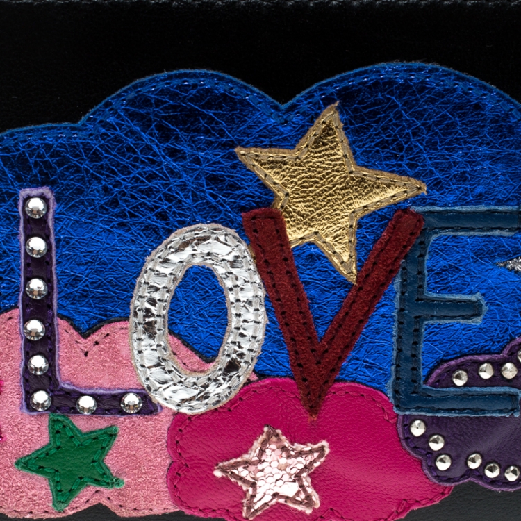 Pre Owned Saint Laurent Black Leather Love Patched Zip Wallet 