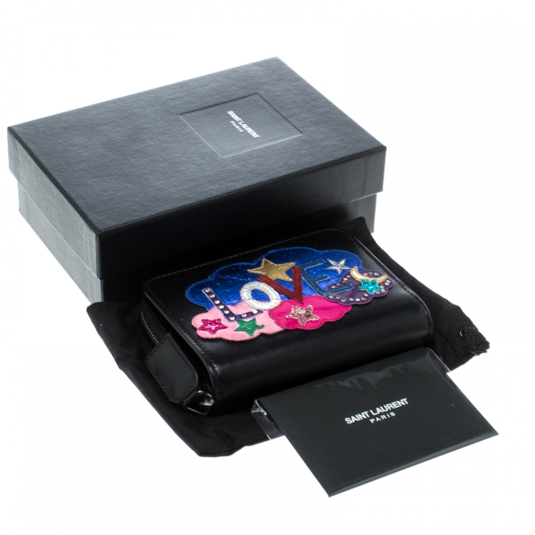 Pre Owned Saint Laurent Black Leather Love Patched Zip Wallet 