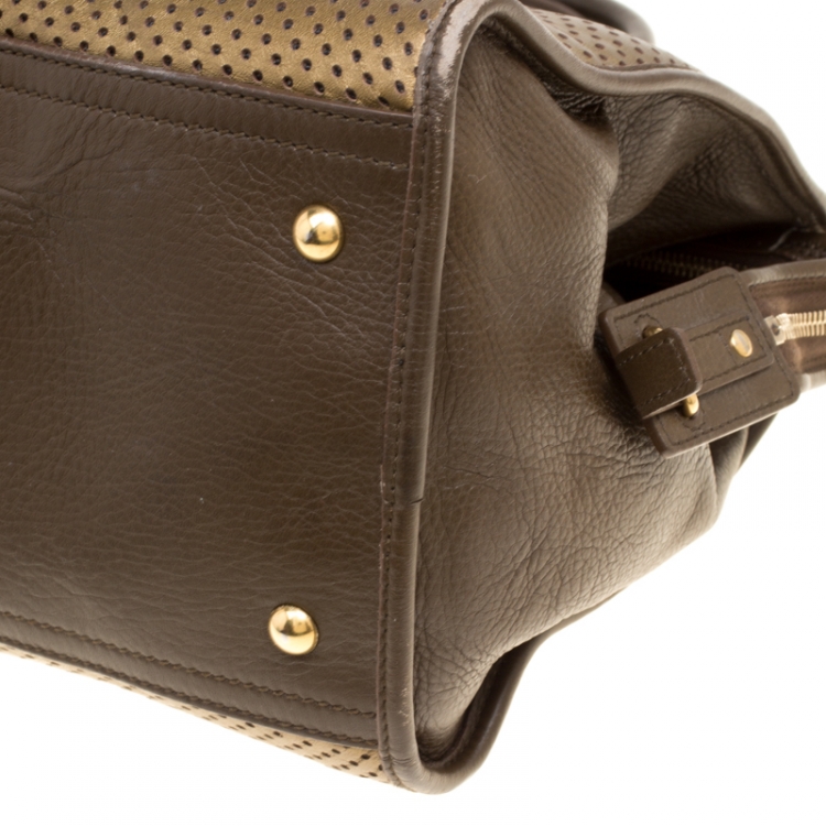 Pre Owned Saint Laurent Brown/Gold Perforated Leather Medium Chyc Cabas Tote