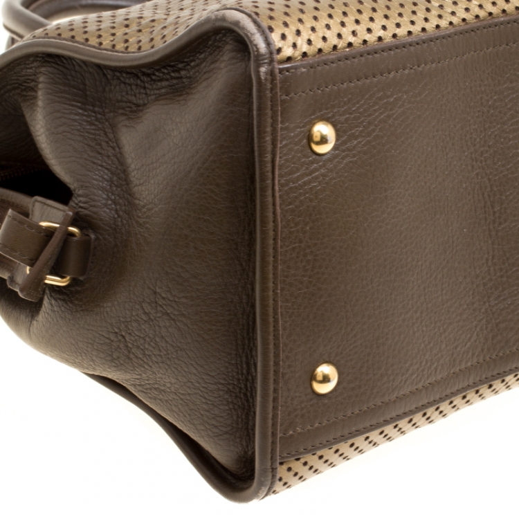 Pre Owned Saint Laurent Brown/Gold Perforated Leather Medium Chyc Cabas Tote