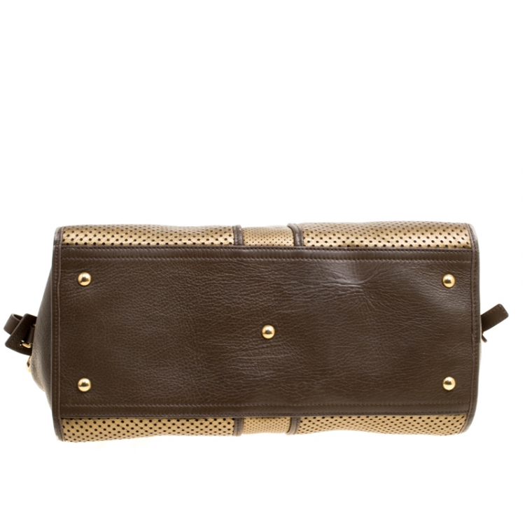 Pre Owned Saint Laurent Brown/Gold Perforated Leather Medium Chyc Cabas Tote