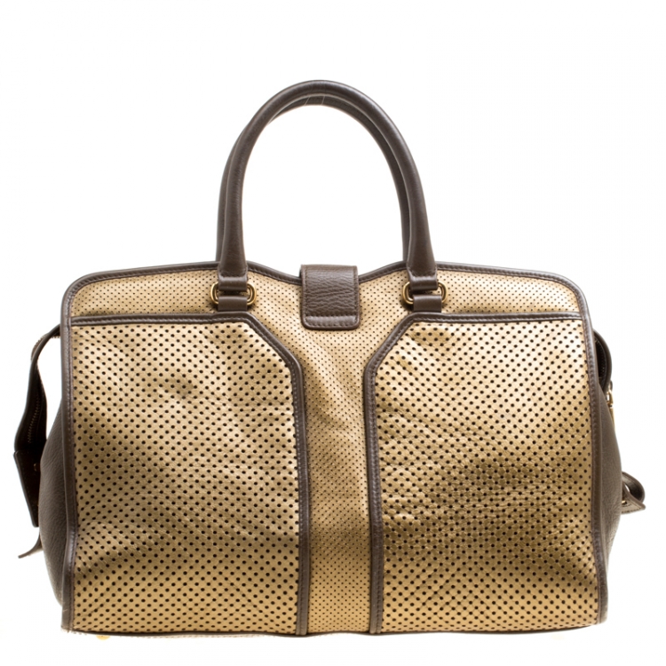 Pre Owned Saint Laurent Brown/Gold Perforated Leather Medium Chyc Cabas Tote
