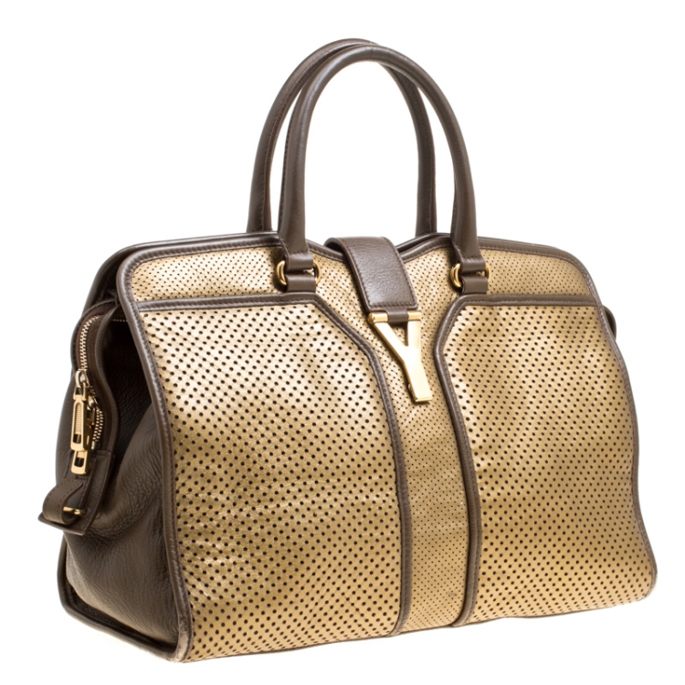Pre Owned Saint Laurent Brown/Gold Perforated Leather Medium Chyc Cabas Tote