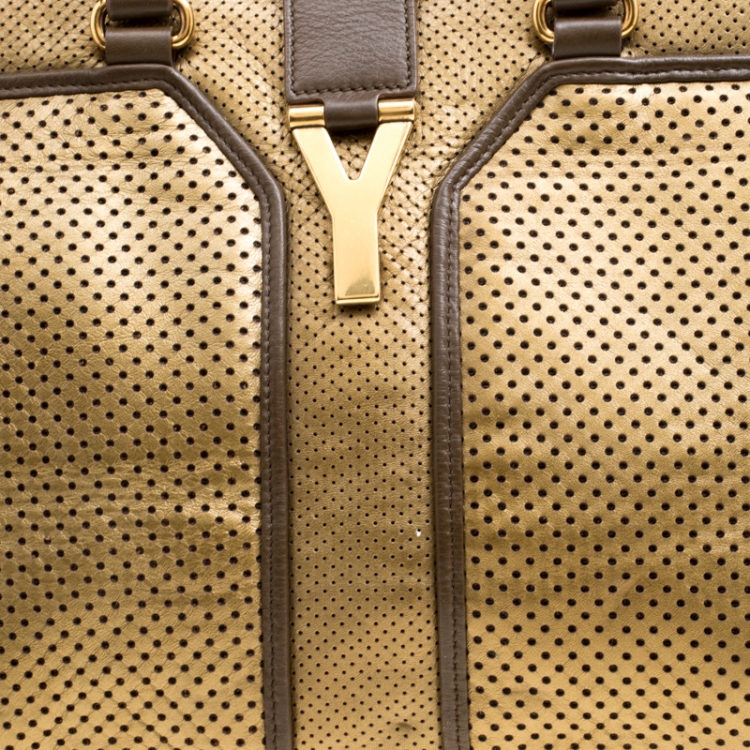 Pre Owned Saint Laurent Brown/Gold Perforated Leather Medium Chyc Cabas Tote