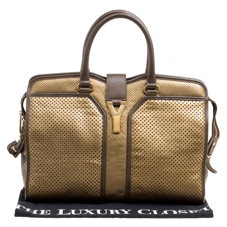 Pre Owned Saint Laurent Brown/Gold Perforated Leather Medium Chyc Cabas Tote