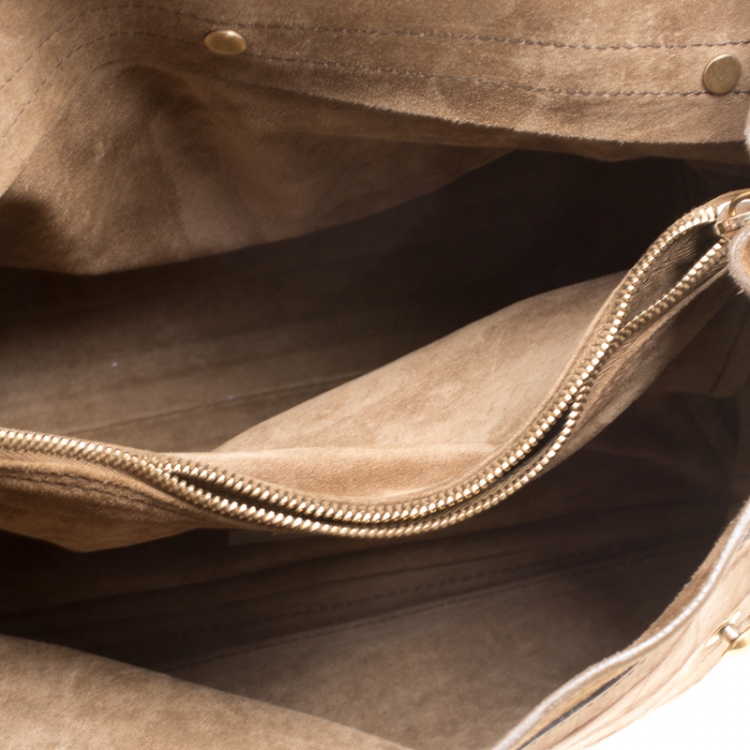 Pre Owned Saint Laurent Khaki Green/Brown Croc Embossed Nubuck Leather and Suede Medium Muse Two Satchel