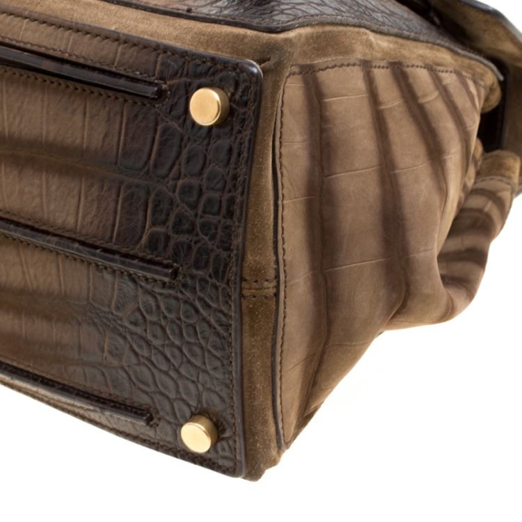 Pre Owned Saint Laurent Khaki Green/Brown Croc Embossed Nubuck Leather and Suede Medium Muse Two Satchel