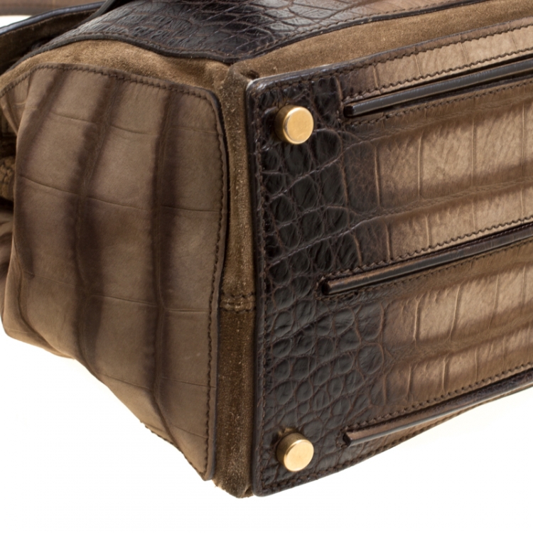 Pre Owned Saint Laurent Khaki Green/Brown Croc Embossed Nubuck Leather and Suede Medium Muse Two Satchel