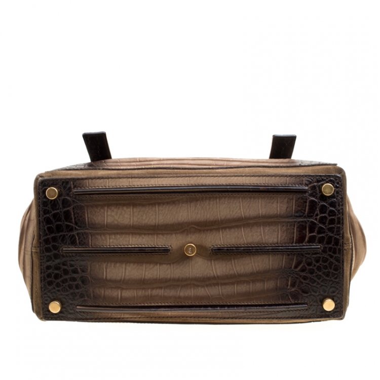 Pre Owned Saint Laurent Khaki Green/Brown Croc Embossed Nubuck Leather and Suede Medium Muse Two Satchel