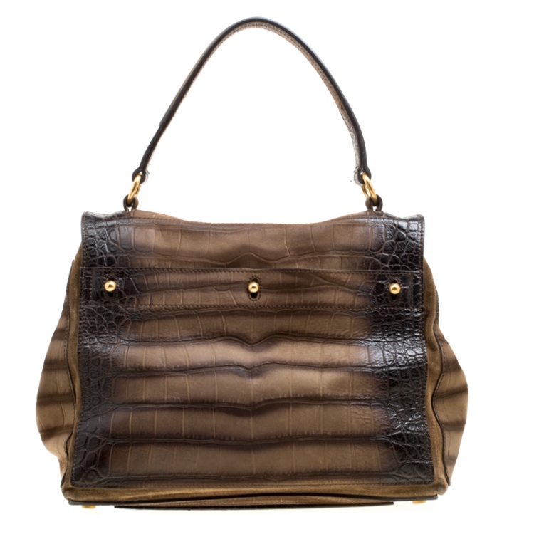 Pre Owned Saint Laurent Khaki Green/Brown Croc Embossed Nubuck Leather and Suede Medium Muse Two Satchel