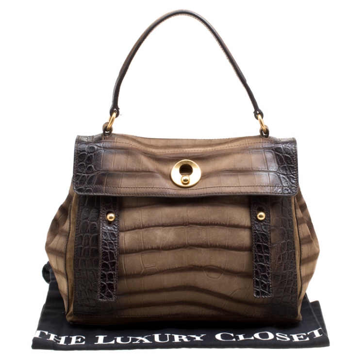 Pre Owned Saint Laurent Khaki Green/Brown Croc Embossed Nubuck Leather and Suede Medium Muse Two Satchel