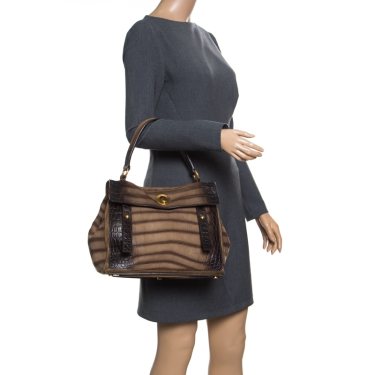 Pre Owned Saint Laurent Khaki Green/Brown Croc Embossed Nubuck Leather and Suede Medium Muse Two Satchel