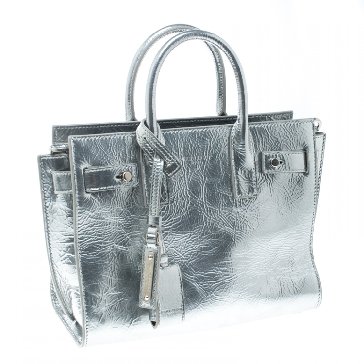 Pre Owned Saint Laurent Silver Laminated Leather Classic Sac De Jour Tote