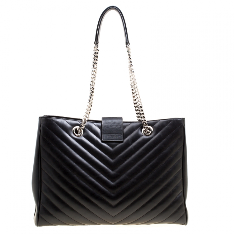 Pre Owned Saint Laurent Black Matelasse Leather Cassandre Shopper Tote