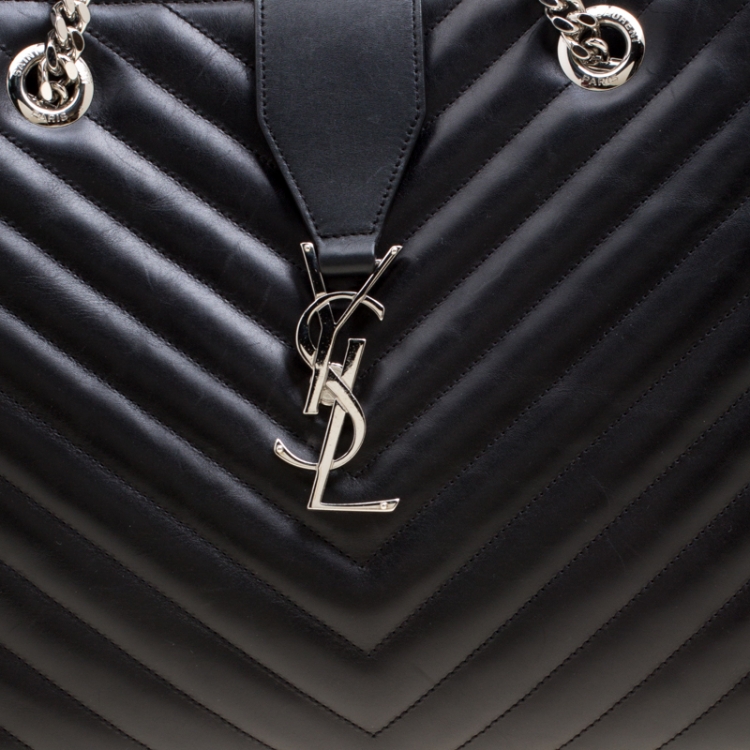 Pre Owned Saint Laurent Black Matelasse Leather Cassandre Shopper Tote