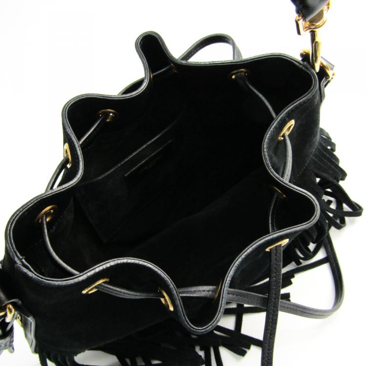 Pre Owned Saint Laurent Paris Black Suede Emmanuelle Fringe Bucket Bag